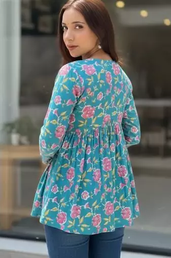 Womens teal self design cotton fabric kurtis 3/4 sleeves v-neck