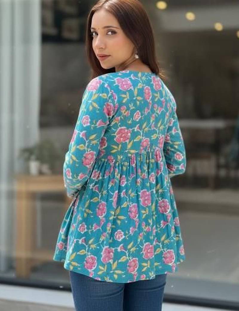 Womens teal self design cotton fabric kurtis 3/4 sleeves v-neck