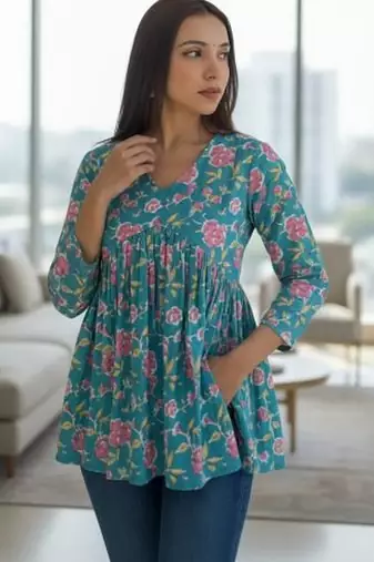 Womens teal self design cotton fabric kurtis 3/4 sleeves v-neck