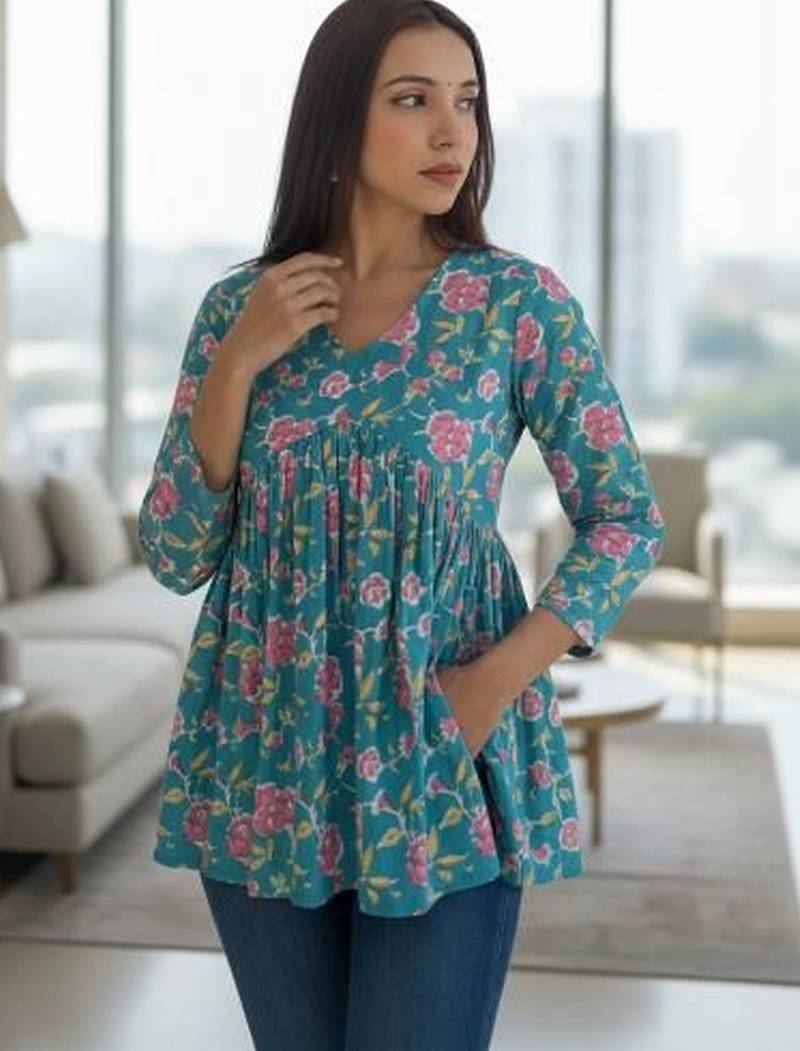 Womens teal self design cotton fabric kurtis 3/4 sleeves v-neck