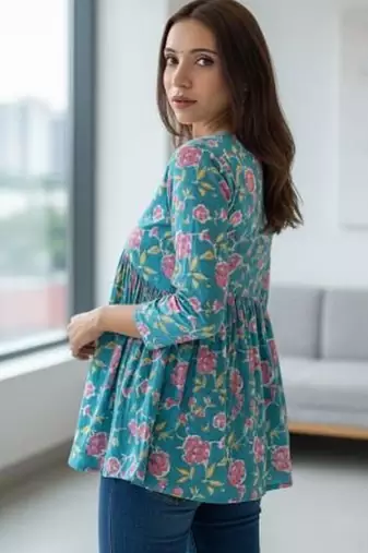 Womens teal self design cotton fabric kurtis 3/4 sleeves v-neck