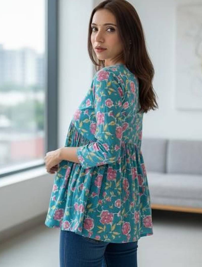 Womens teal self design cotton fabric kurtis 3/4 sleeves v-neck