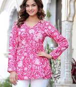 Womens pink self design cotton fabric kurtis 3/4 sleeves v-neck