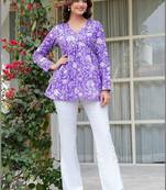 Womens purple self design cotton fabric kurtis 3/4 sleeves v-neck