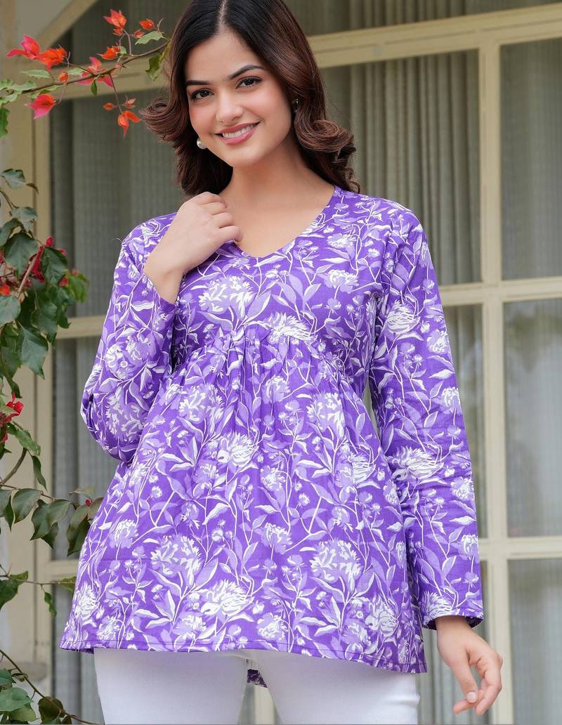 Womens purple self design cotton fabric kurtis 3/4 sleeves v-neck