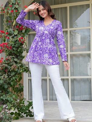 Womens purple self design cotton fabric kurtis 3/4 sleeves v-neck 4