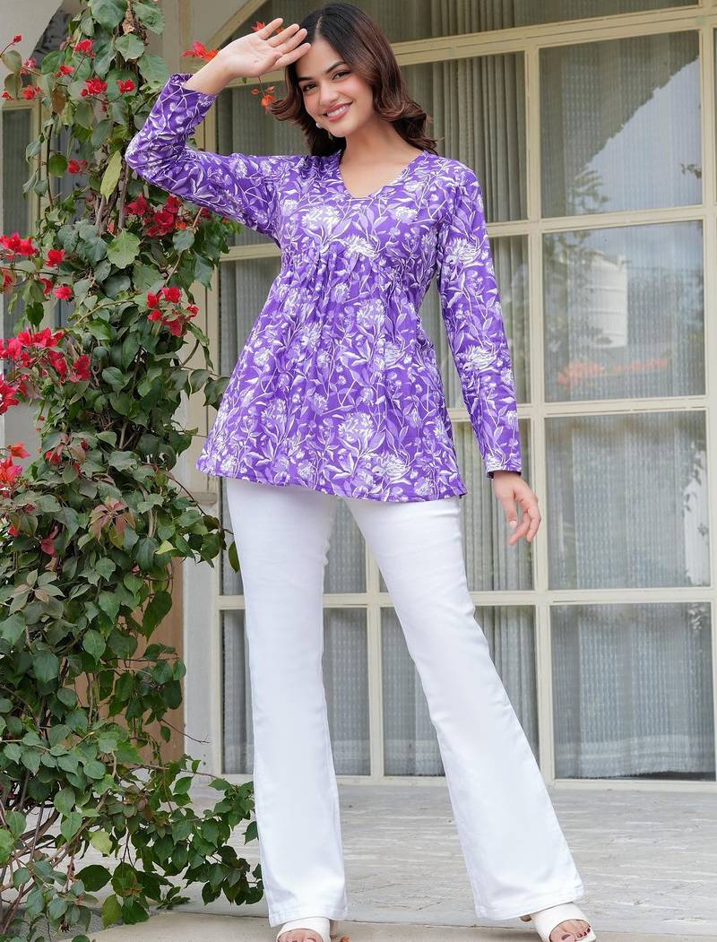 Womens purple self design cotton fabric kurtis 3/4 sleeves v-neck