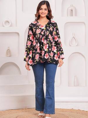 Womens black self design cotton fabric kurtis 3/4 sleeves v-neck 1