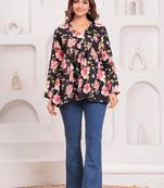 Womens black self design cotton fabric kurtis 3/4 sleeves v-neck