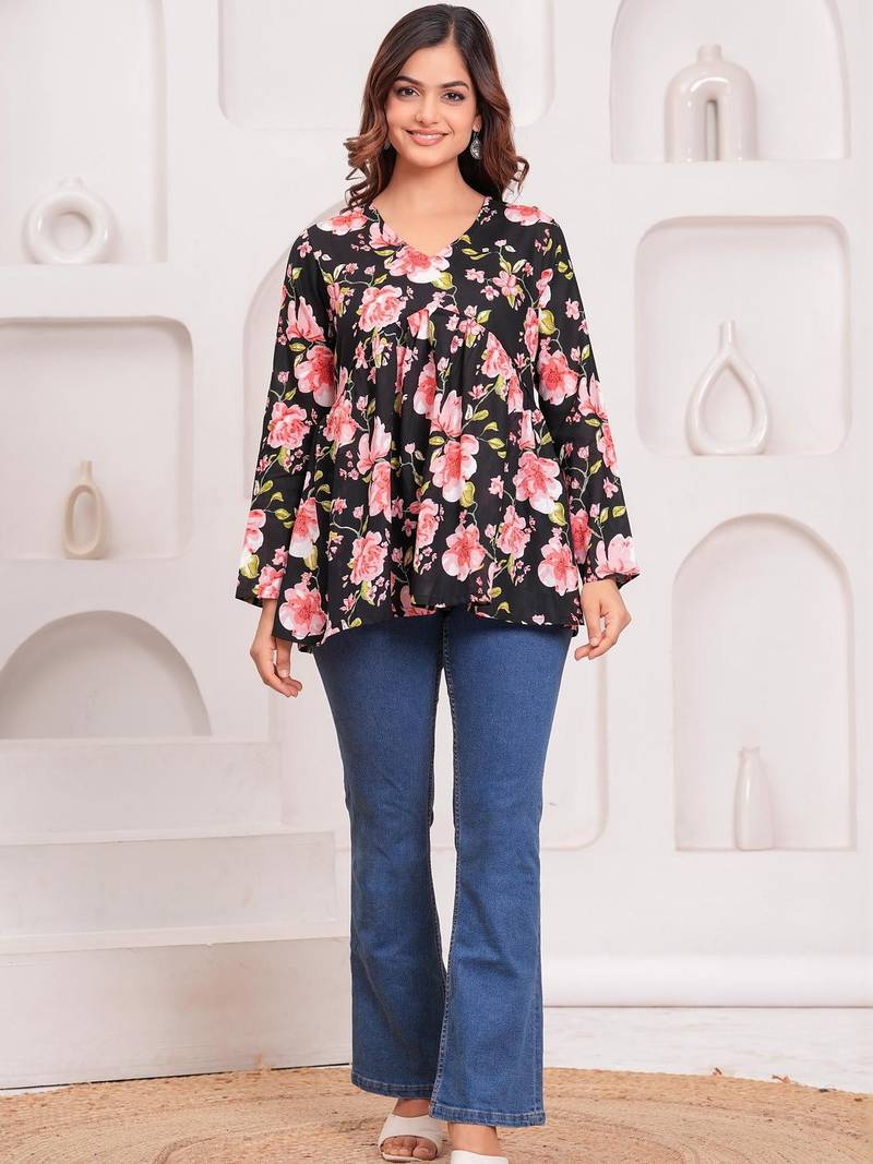 Womens black self design cotton fabric kurtis 3/4 sleeves v-neck