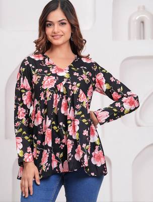 Womens black self design cotton fabric kurtis 3/4 sleeves v-neck 2