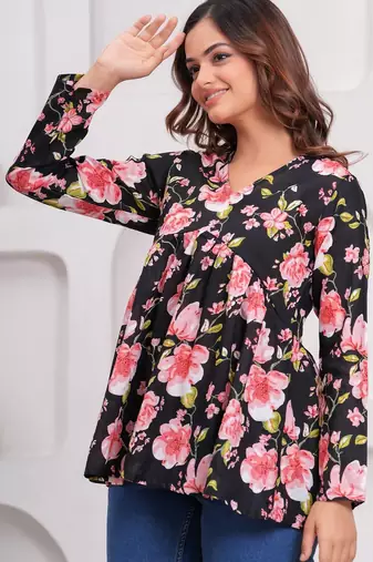 Womens black self design cotton fabric kurtis 3/4 sleeves v-neck
