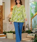 Womens lime green self design cotton fabric kurtis 3/4 sleeves v-neck