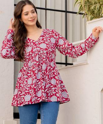 Womens red self design cotton fabric kurtis 3/4 sleeves v-neck 5