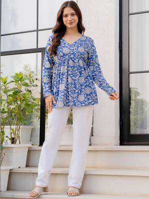 Womens blue self design cotton fabric kurtis 3/4 sleeves v-neck 1