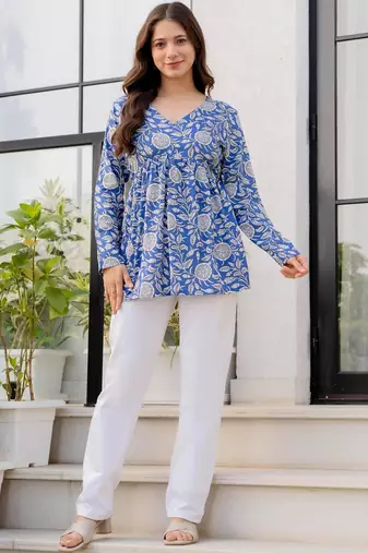 Womens blue self design cotton fabric kurtis 3/4 sleeves v-neck
