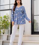 Womens blue self design cotton fabric kurtis 3/4 sleeves v-neck