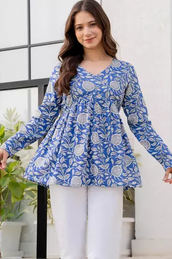 Womens blue self design cotton fabric kurtis 3/4 sleeves v-neck