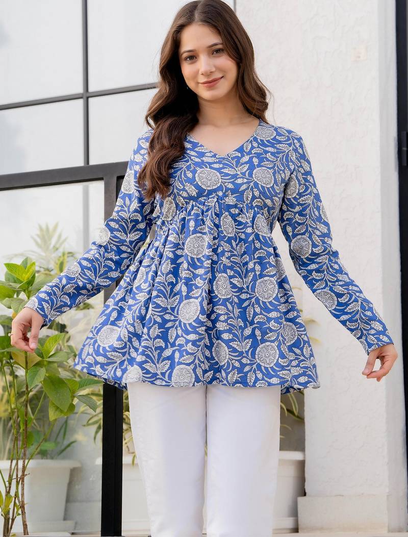 Womens blue self design cotton fabric kurtis 3/4 sleeves v-neck