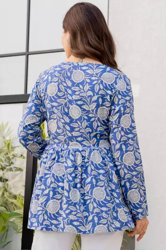 Womens blue self design cotton fabric kurtis 3/4 sleeves v-neck