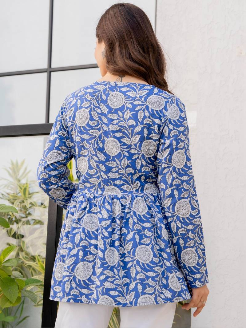 Womens blue self design cotton fabric kurtis 3/4 sleeves v-neck