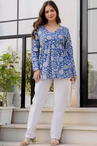 Womens blue self design cotton fabric kurtis 3/4 sleeves v-neck