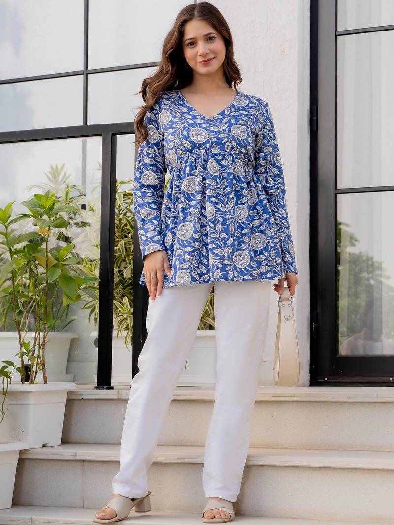 Womens blue self design cotton fabric kurtis 3/4 sleeves v-neck