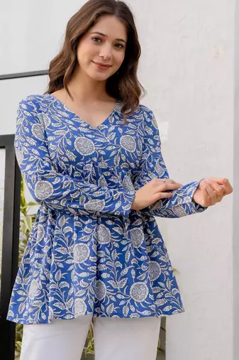Womens blue self design cotton fabric kurtis 3/4 sleeves v-neck
