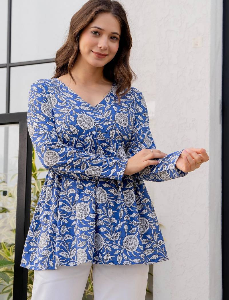 Womens blue self design cotton fabric kurtis 3/4 sleeves v-neck