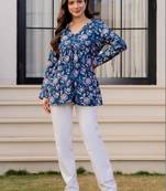 Womens blue self design cotton fabric kurtis 3/4 sleeves v-neck