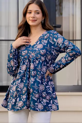 Womens blue self design cotton fabric kurtis 3/4 sleeves v-neck