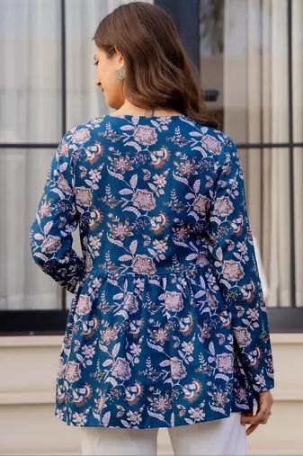 Womens blue self design cotton fabric kurtis 3/4 sleeves v-neck