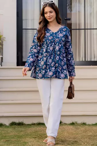 Womens blue self design cotton fabric kurtis 3/4 sleeves v-neck
