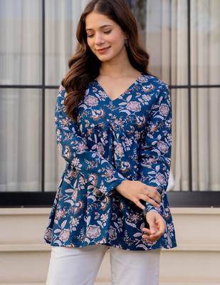 Womens blue self design cotton fabric kurtis 3/4 sleeves v-neck 5