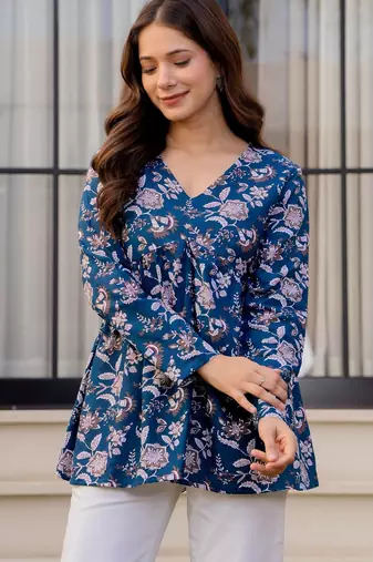 Womens blue self design cotton fabric kurtis 3/4 sleeves v-neck