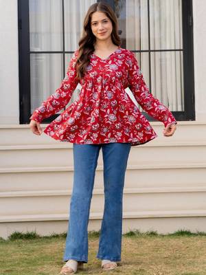 Womens red self design cotton fabric kurtis 3/4 sleeves v-neck 1