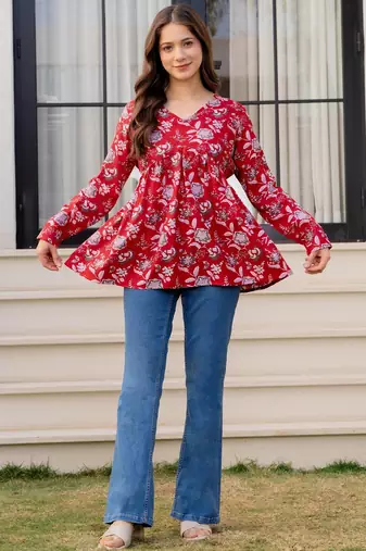 Womens red self design cotton fabric kurtis 3/4 sleeves v-neck
