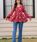Womens red self design cotton fabric kurtis 3/4 sleeves v-neck