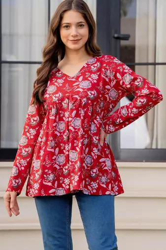 Womens red self design cotton fabric kurtis 3/4 sleeves v-neck