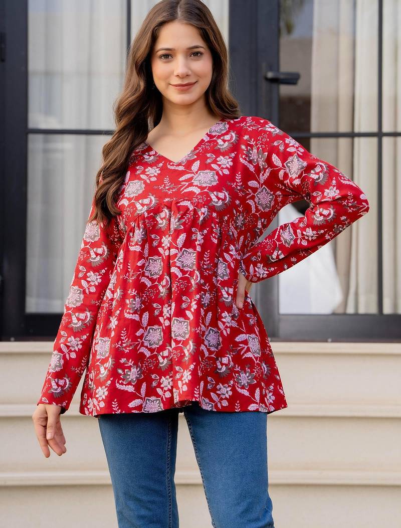 Womens red self design cotton fabric kurtis 3/4 sleeves v-neck