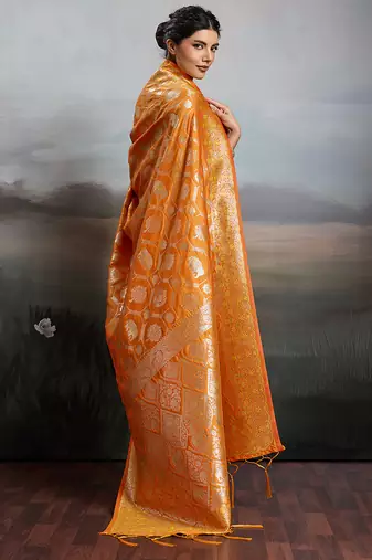 women woven kanjivaram silk blend saree with blouse piece 