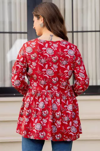 Womens red self design cotton fabric kurtis 3/4 sleeves v-neck