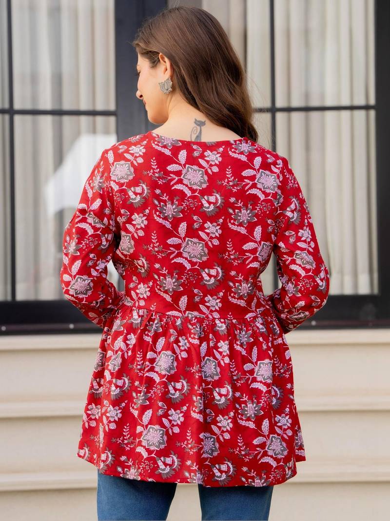 Womens red self design cotton fabric kurtis 3/4 sleeves v-neck