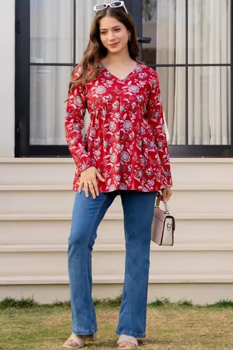 Womens red self design cotton fabric kurtis 3/4 sleeves v-neck