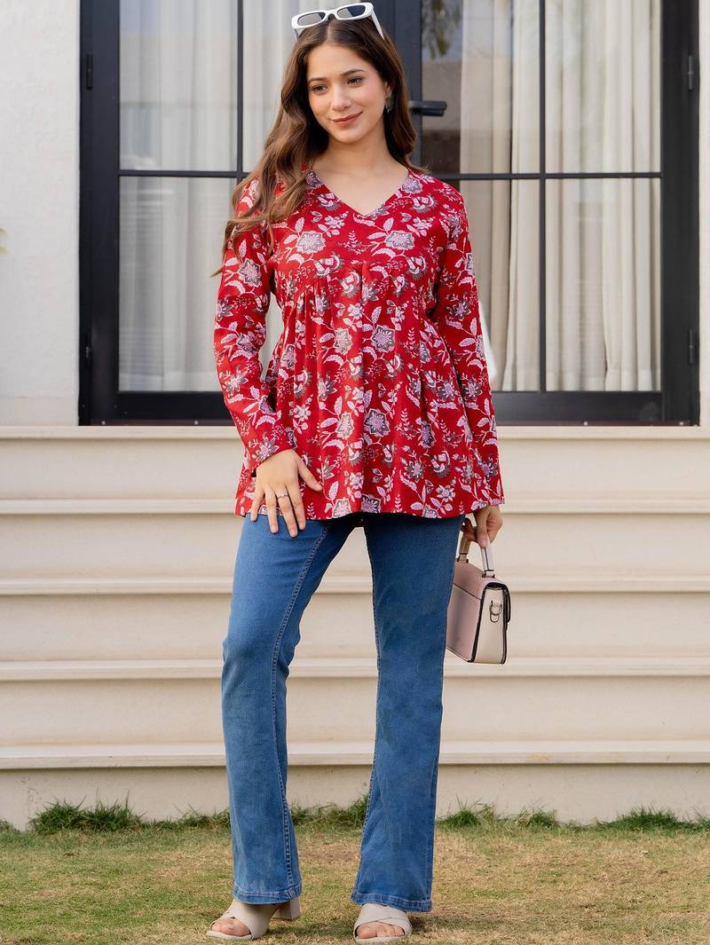 Womens red self design cotton fabric kurtis 3/4 sleeves v-neck