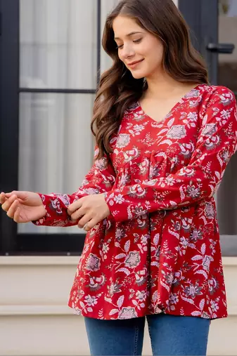 Womens red self design cotton fabric kurtis 3/4 sleeves v-neck