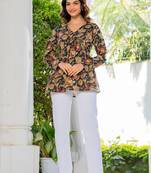 Womens black self design cotton fabric kurtis 3/4 sleeves v-neck