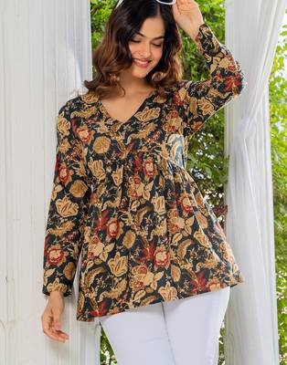 Womens black self design cotton fabric kurtis 3/4 sleeves v-neck 2