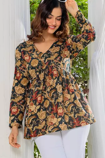 Womens black self design cotton fabric kurtis 3/4 sleeves v-neck