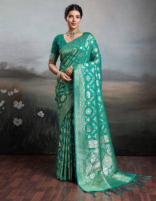 women woven kanjivaram silk blend saree with blouse piece  1